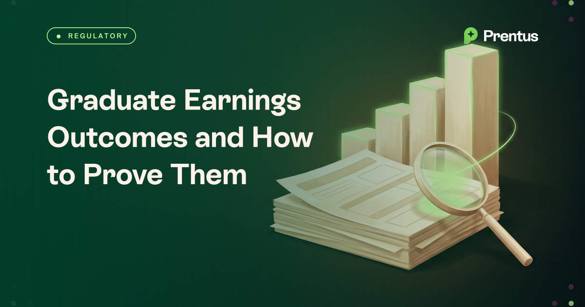 A stack of graduate records beside rising columns and a magnifying lens, representing verified earnings outcomes