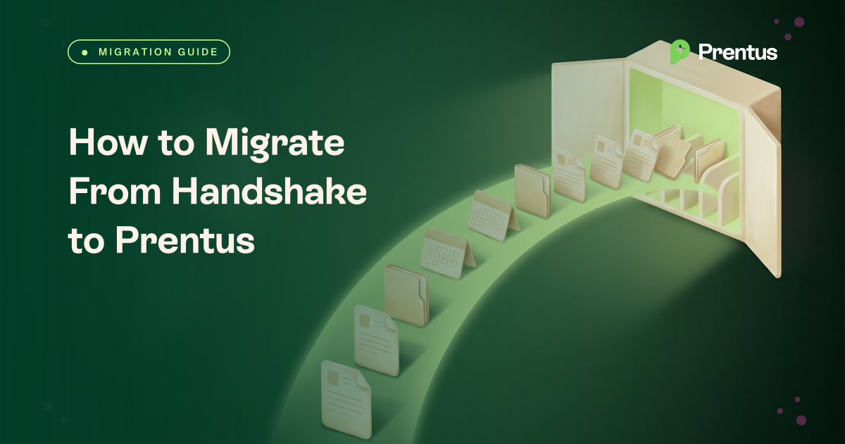 Resume pages and folders moving along a green arc into an open archive, representing a move from Handshake to Prentus