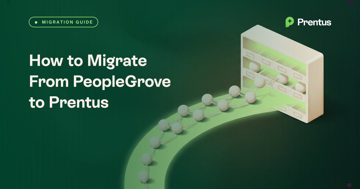 A chain of linked spheres moving along a green arc into open shelves, representing a move from PeopleGrove to Prentus