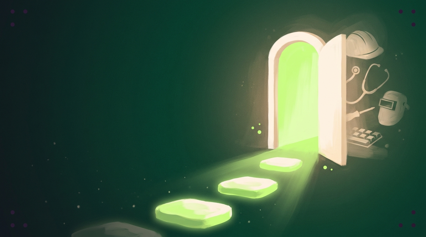 Painterly illustration of an open doorway with stepping stones leading toward career opportunity