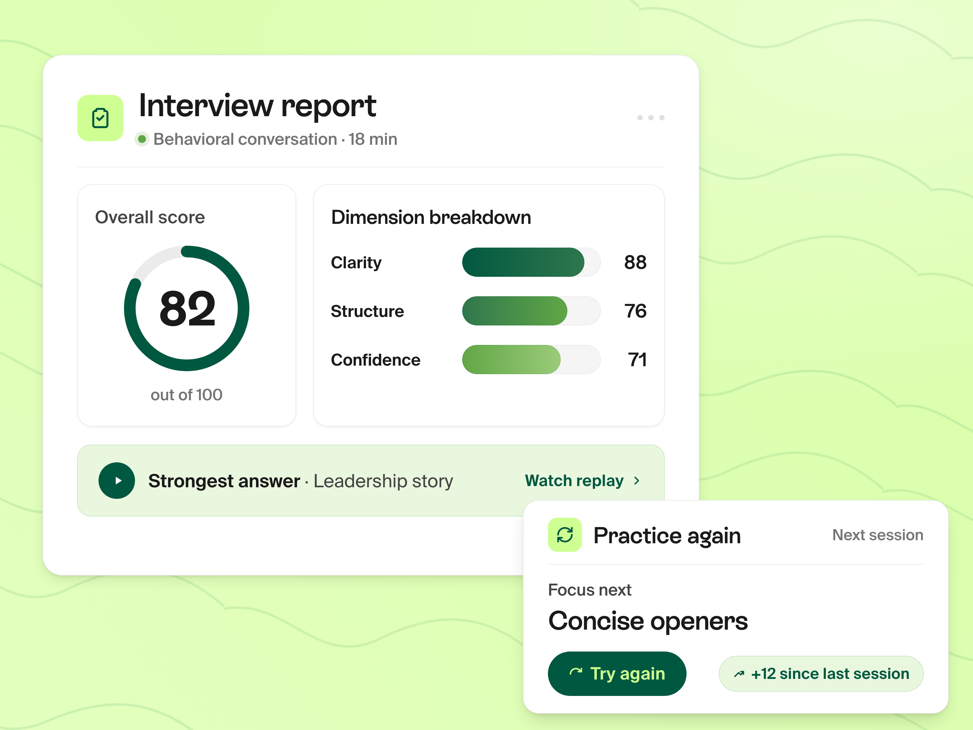 Interview performance report showing 95% score with detailed feedback