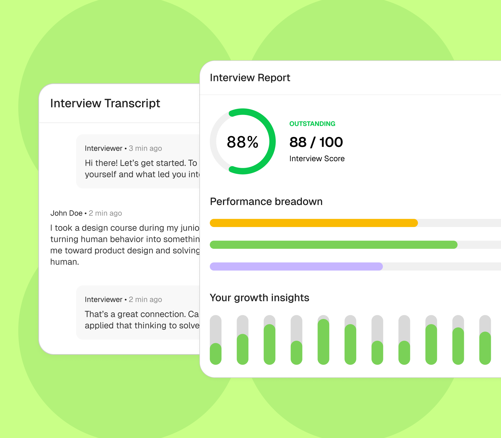 Interview performance report showing 95% score with detailed feedback