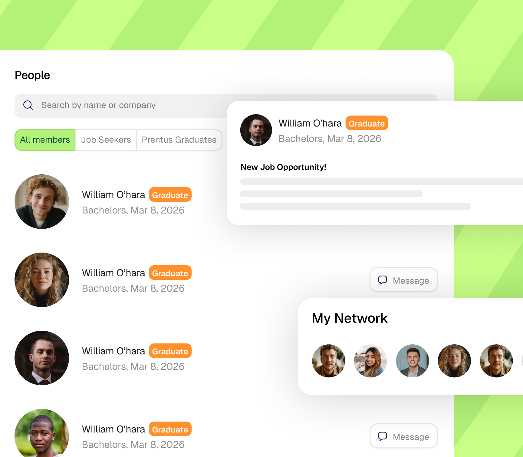 Alumni engagement showing graduates sharing jobs and mentoring students